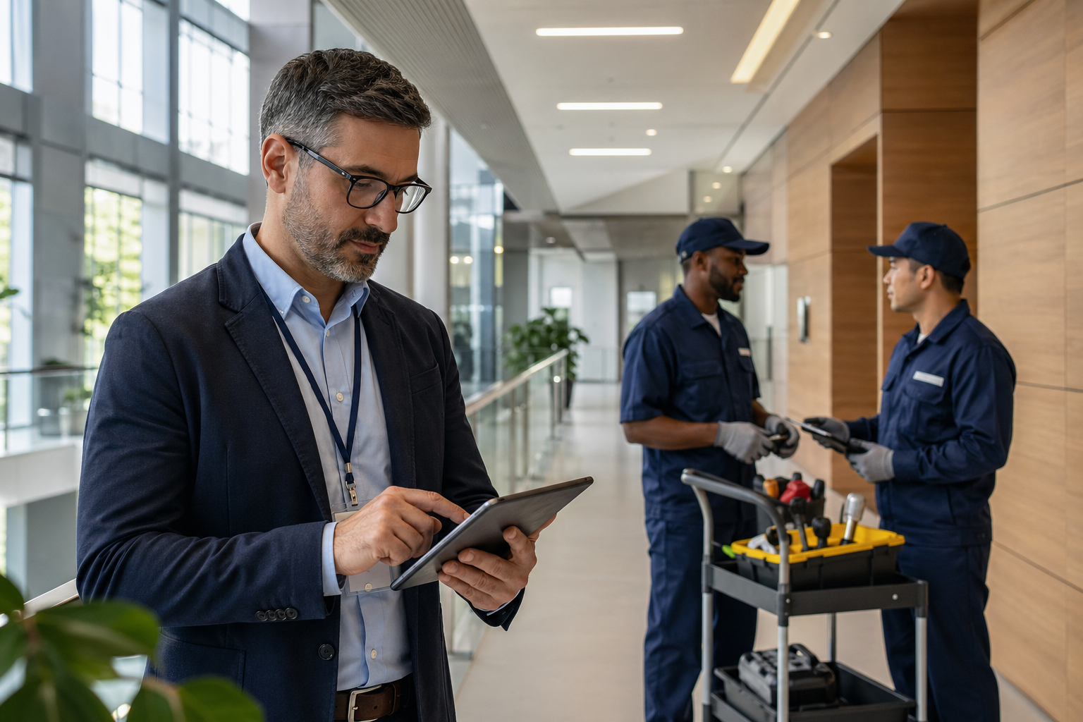Facility manager reviewing work orders on a tablet while maintenance technicians coordinate jobs in a modern building