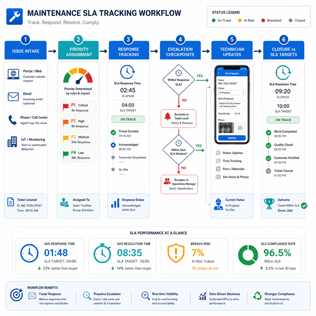 Maintenance SLA workflow from service request intake to response and resolution tracking