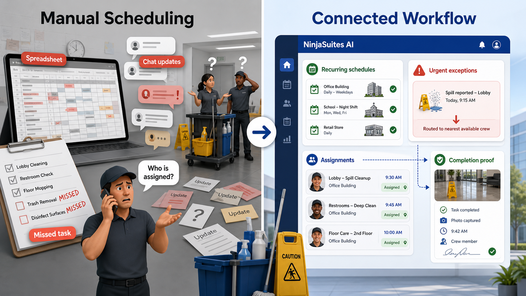 Comparison between manual crew coordination and structured cleaning operations scheduling