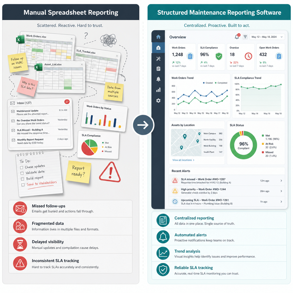 Maintenance KPI infographic with response time, PM compliance, downtime, and backlog metrics