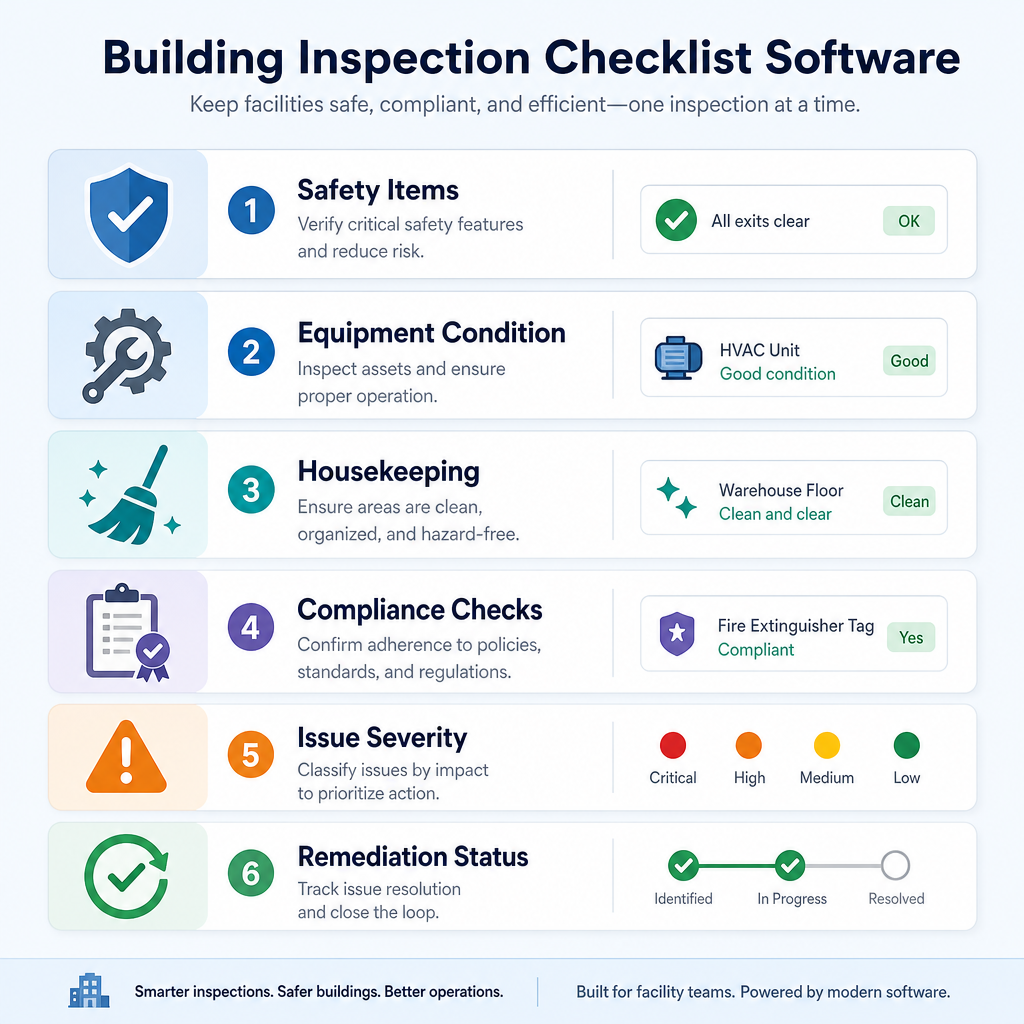 Facility dashboard showing inspection completion rates, recurring failures, and overdue corrective actions