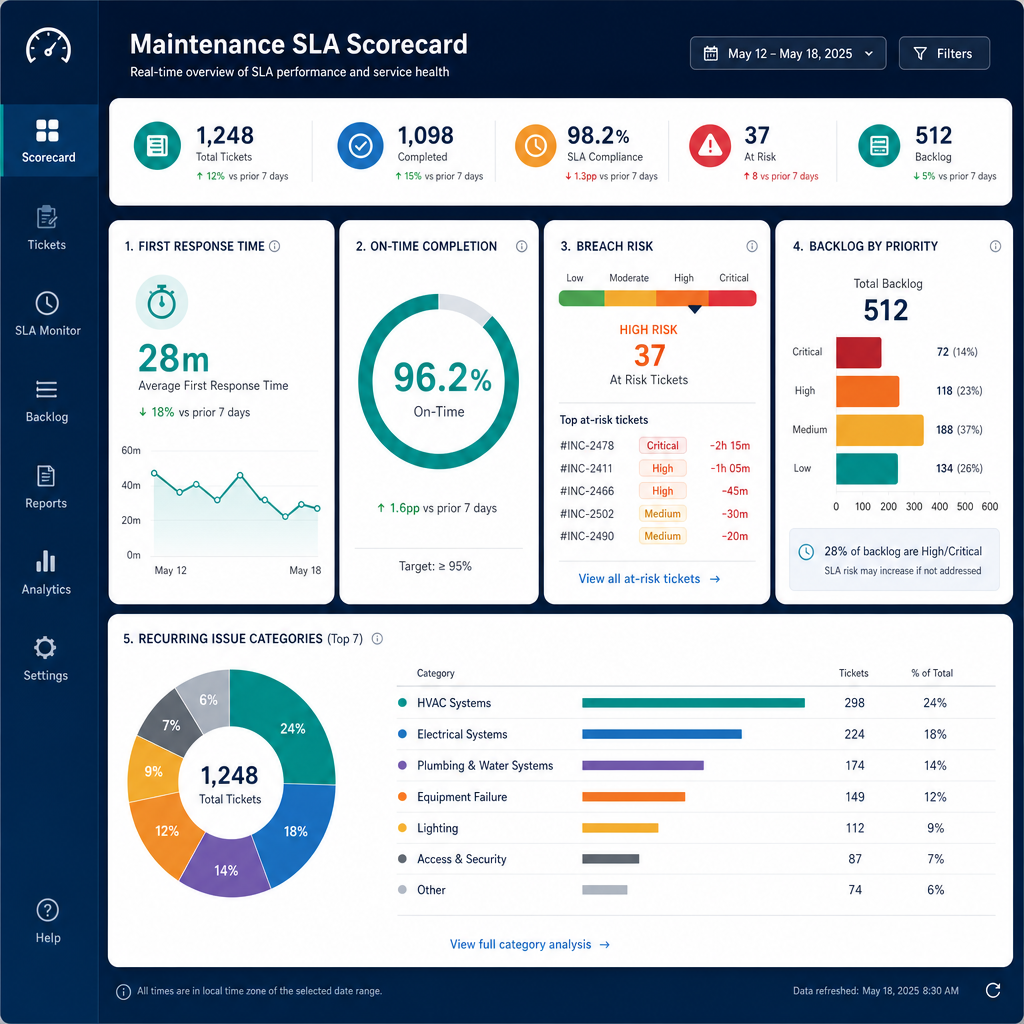 Facility service dashboard showing SLA performance, overdue backlog, and breach risk across sites