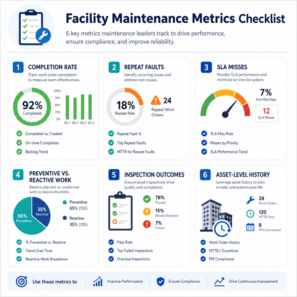 Multi-site maintenance dashboard comparing asset history and overdue work by facility