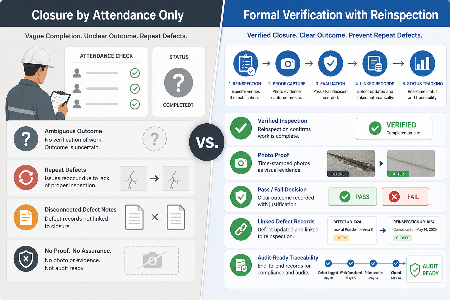 Comparison between closure without verification and connected reinspection management