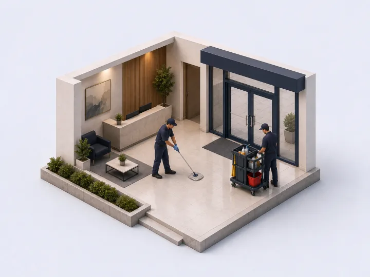 Cleaning Staff work in a commercial lobby with a cleaning trolley.