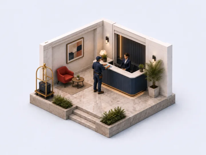 A hotel lobby with reception and a maintenance team member.