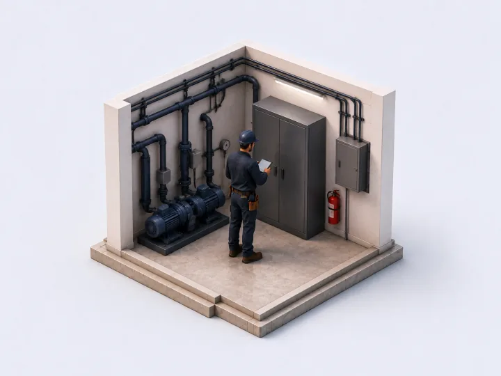 An inspector checks equipment in a building service room.