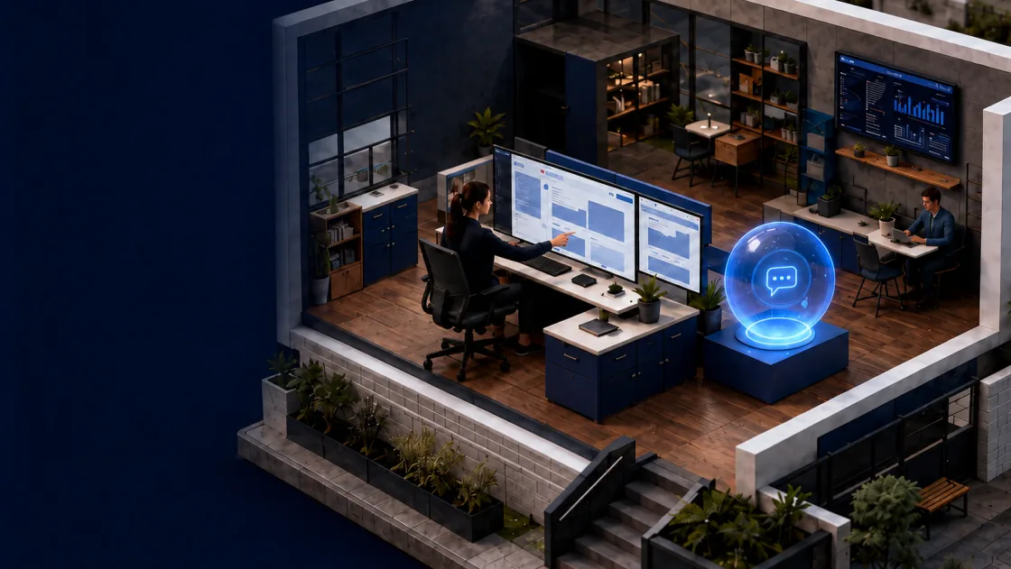 Illustration of office coordination with a Human Staff member and an AI Agent.