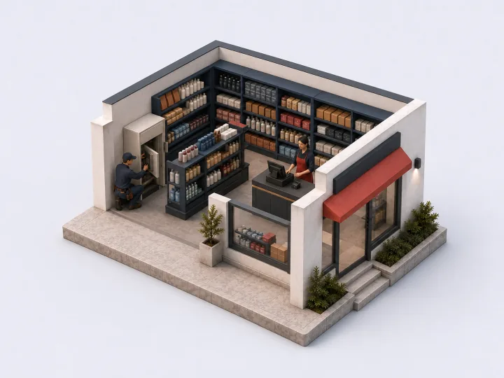 A retail outlet with shelves, a service counter and a Staff member.