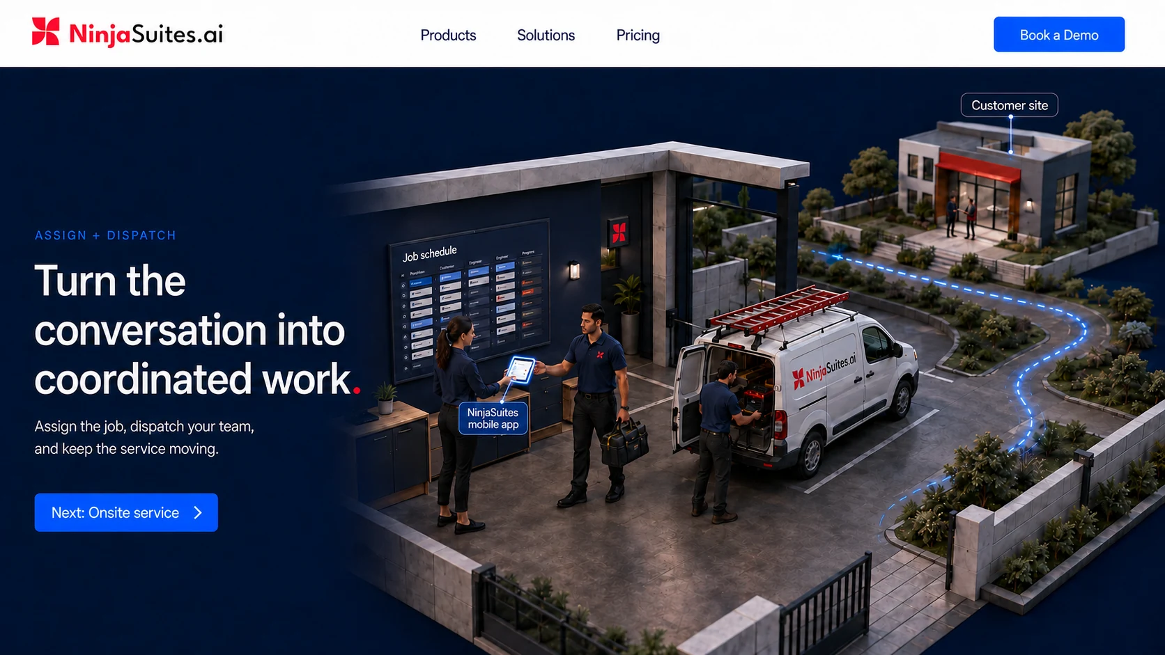 A coordinator passes a job to field Staff using the NinjaSuites mobile app beside a branded service van.