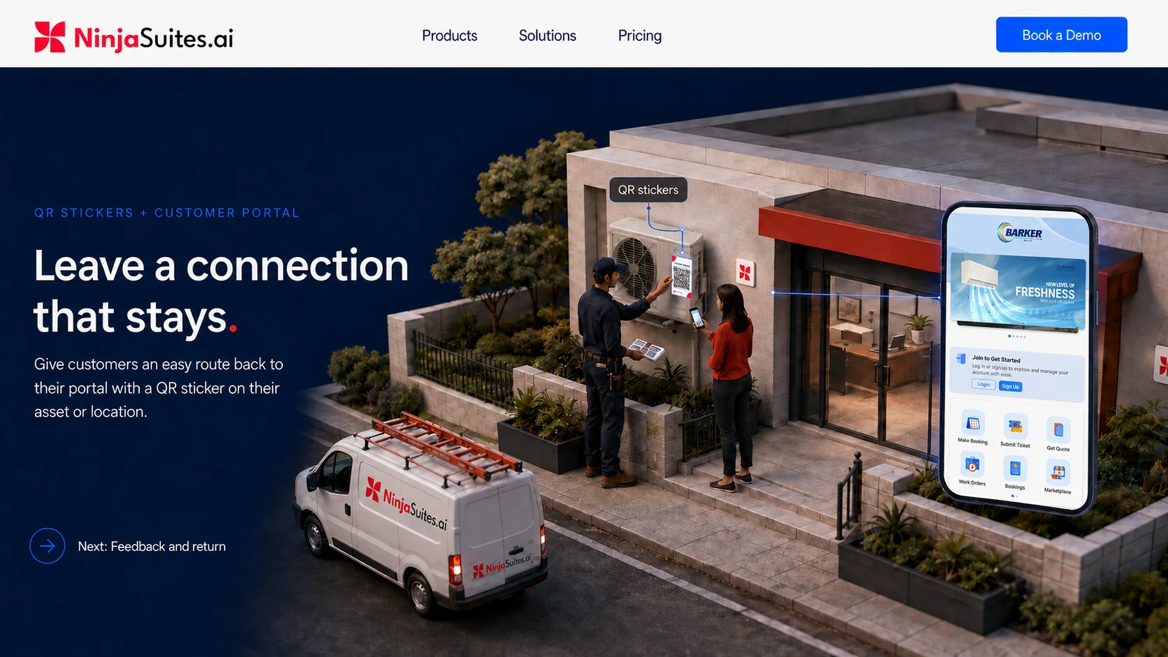 A QR sticker is attached to the air-conditioning asset and the Barker customer app appears in a phone.