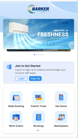 Barker customer portal with booking, support ticket and quote options.