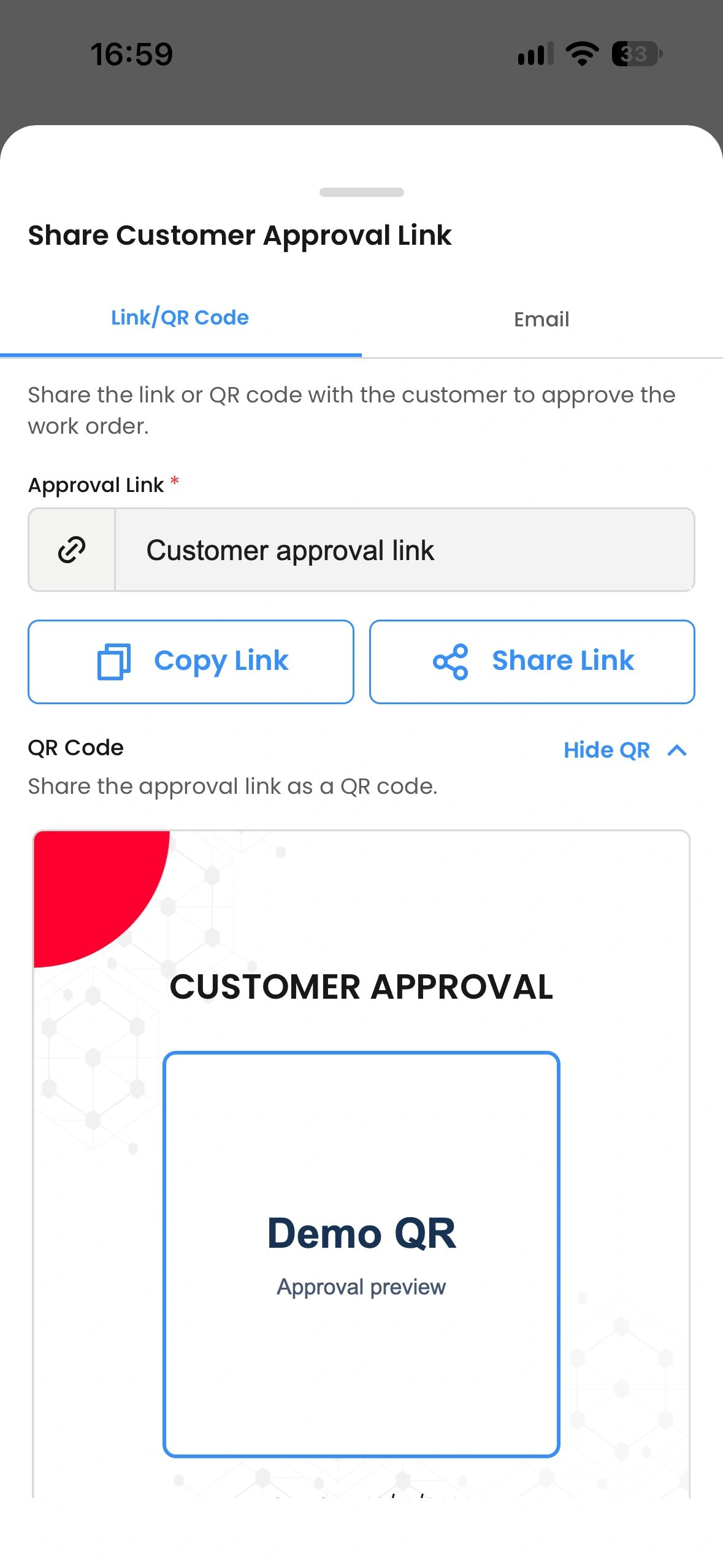 NinjaSuites Staff app showing the customer approval link and QR sharing screen.