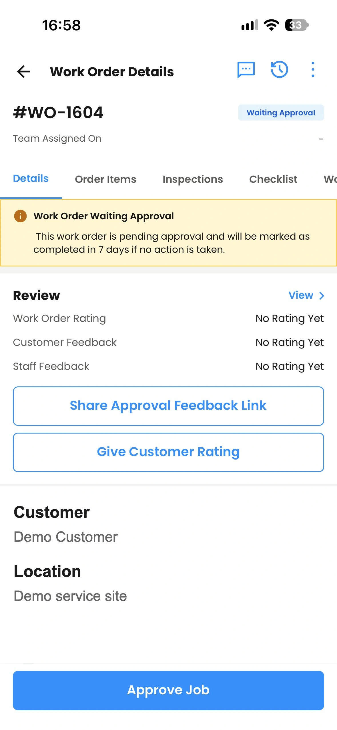 NinjaSuites Staff work order with job details and customer approval actions.